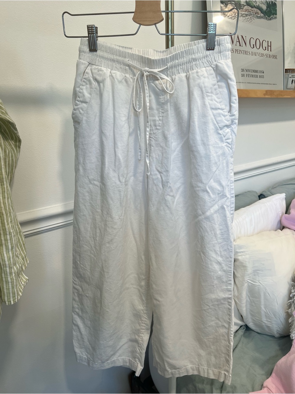 Women’s Wide Leg White Drawstring Linen Blend Pants